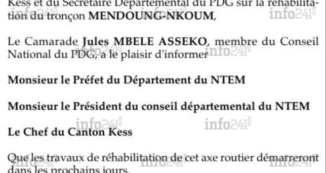 Un «&nbsp;camarade&nbsp;» du parti au pouvoir annonce aux autorités locales des travaux routiers financés par l’Etat gabonais